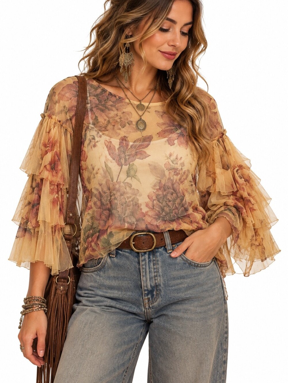 Vintage Cleo Y2K top yellow floral sheer mesh Boho Country fairy romantic L